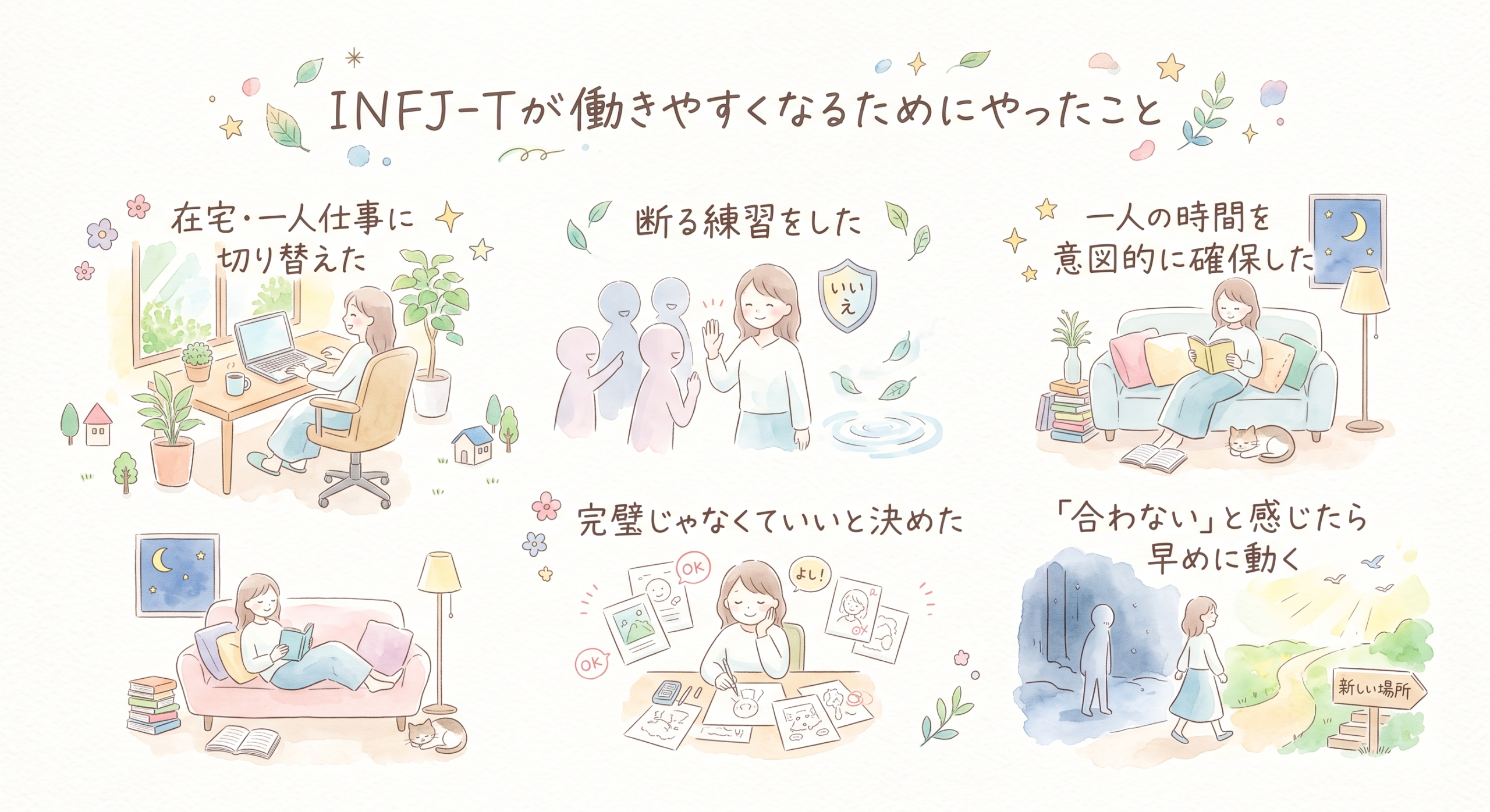 INFJ-Tが働きやすくなるためにやったこと 在宅・一人仕事に切り替えた 断る練習をした 一人の時間を意図的に確保した 完璧じゃなくていいと決めた 「合わない」と感じたら早めに動く