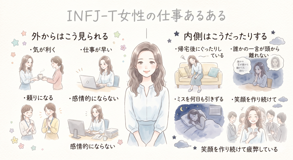 INFJ-T女性の仕事あるある ①外からはこう見られる ・気が利く ・仕事が早い ・頼りになる ・感情的にならない ②内側はこうだったりする・ 帰宅後にぐったりしている・ 誰かの一言が頭から離れない・ ミスを何日も引きずる ・笑顔を作り続けて疲弊している