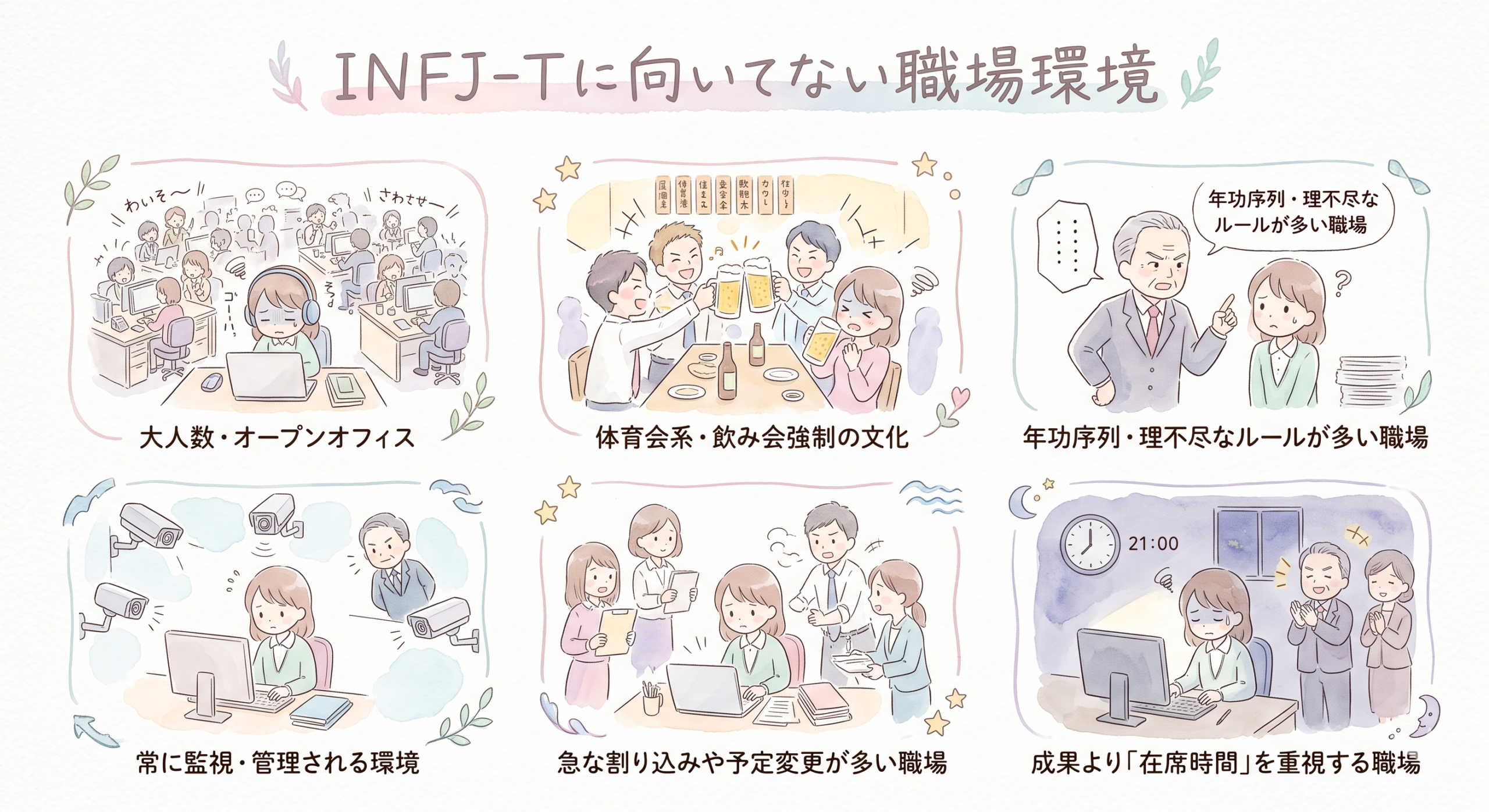 INFJ-Tに向いてない職場環境 大人数・オープンオフィス 体育会系・飲み会強制の文化 年功序列・理不尽なルールが多い職場 常に監視・管理される環境 急な割り込みや予定変更が多い職場 成果より「在席時間」を重視する職場