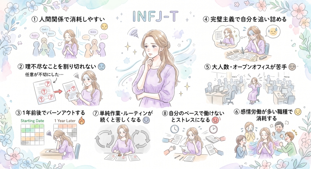 INFJ-Tが仕事で消耗する理由

①人間関係で消耗しやすい

②理不尽なことを割り切れない

③1年前後でバーンアウトする

④完璧主義で自分を追い詰める

⑤大人数・オープンオフィスが苦手

⑥感情労働が多い職種で消耗する

⑦単純作業・ルーティンが続くと苦しくなる

⑧自分のペースで働けないとストレスになる 

