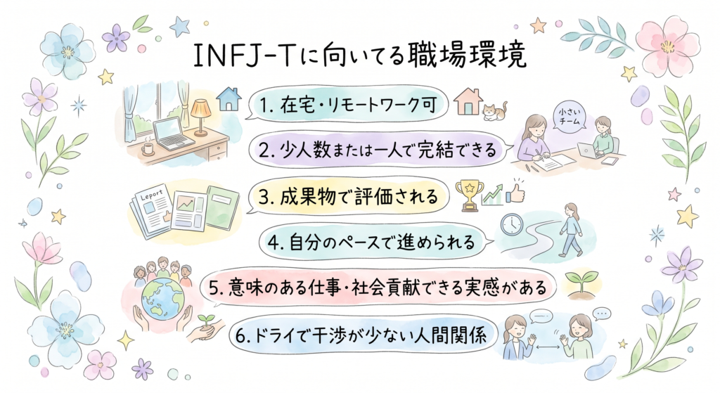 INFJ-Tに向いてる職場環境 在宅・リモートワーク可 少人数または一人で完結できる 成果物で評価される 自分のペースで進められる 意味のある仕事・社会貢献できる実感がある ドライで干渉が少ない人間関係